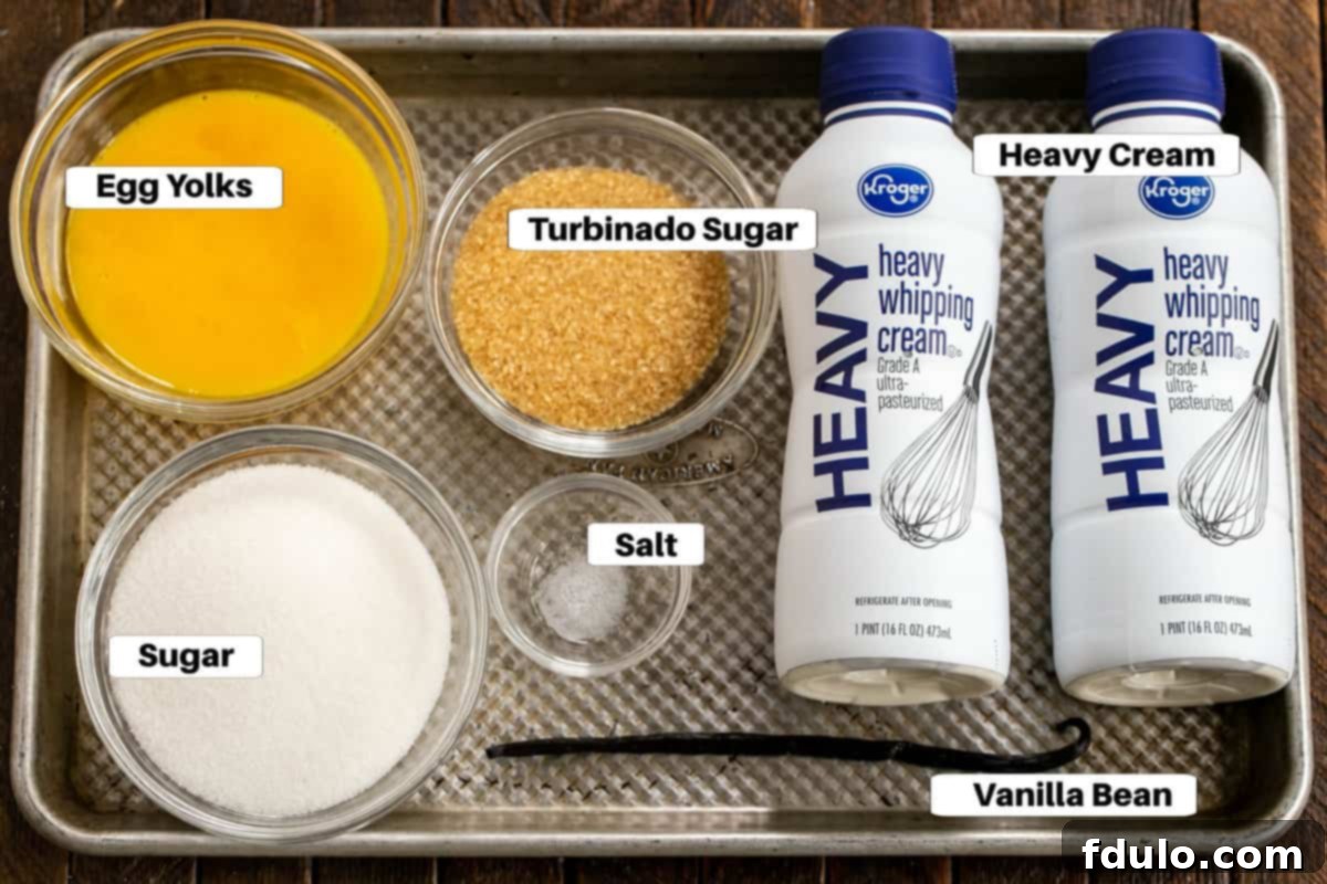 Creme Brulee Ingredients on a sheet pan with labels.