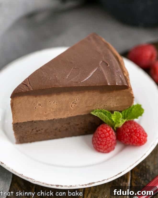 A close-up shot of a Frozen Chocolate Mousse Cake slice adorned with fresh raspberries and a sprig of mint, showcasing its elegant layers and inviting texture.