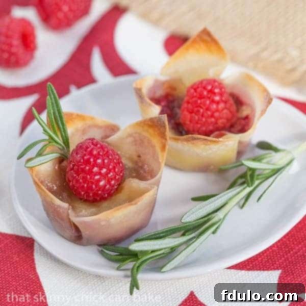 Close-up of baked Raspberry Brie Bites, golden brown with melted cheese and raspberry filling, on a white serving platter. Dated 2016, made with wonton skins.