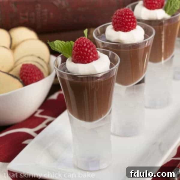 Rich Double Chocolate Pudding in shot glasses on a white tray
