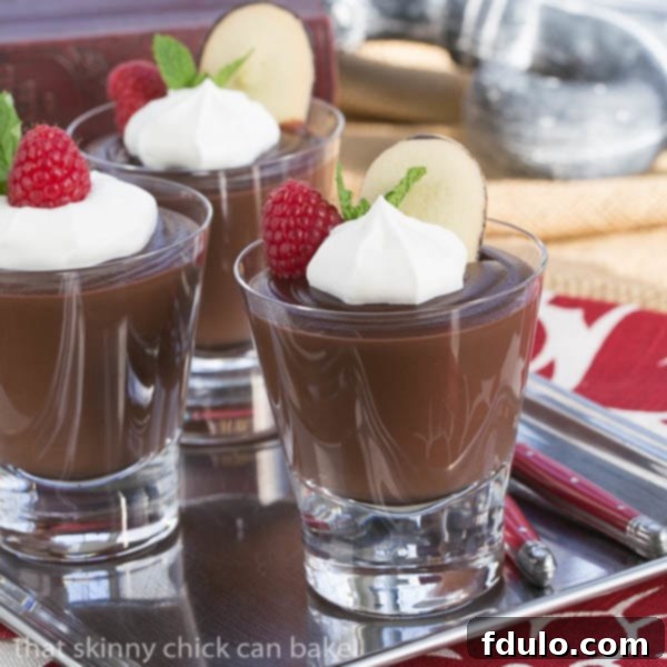Gourmet Double Chocolate Pudding served in highball glasses, beautifully topped with fresh whipped cream, vibrant berries, and a sprig of fragrant mint.
