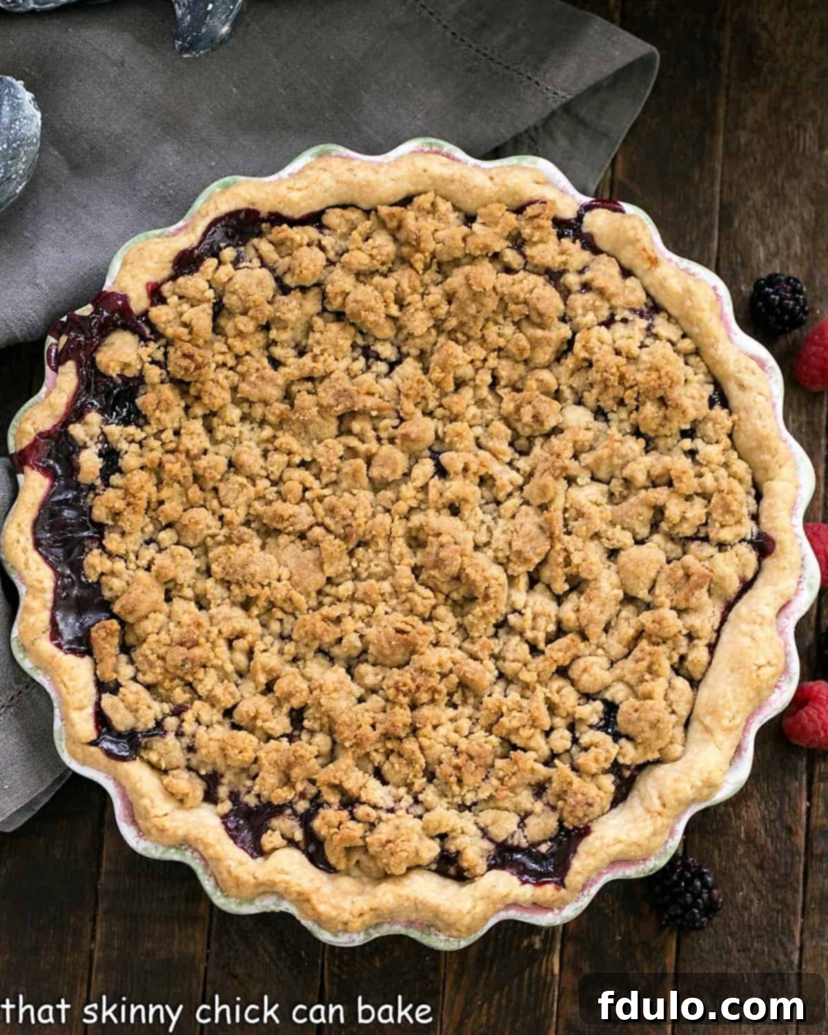 Overhead view of Razzleberry Pie in a ceramic pie plate.