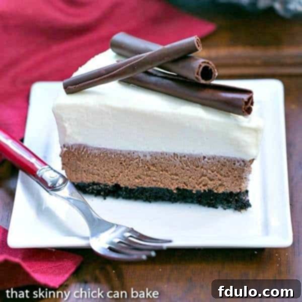 A decadent slice of Triple Chocolate Mousse Pie on a white plate, illustrating a perfectly set dessert.