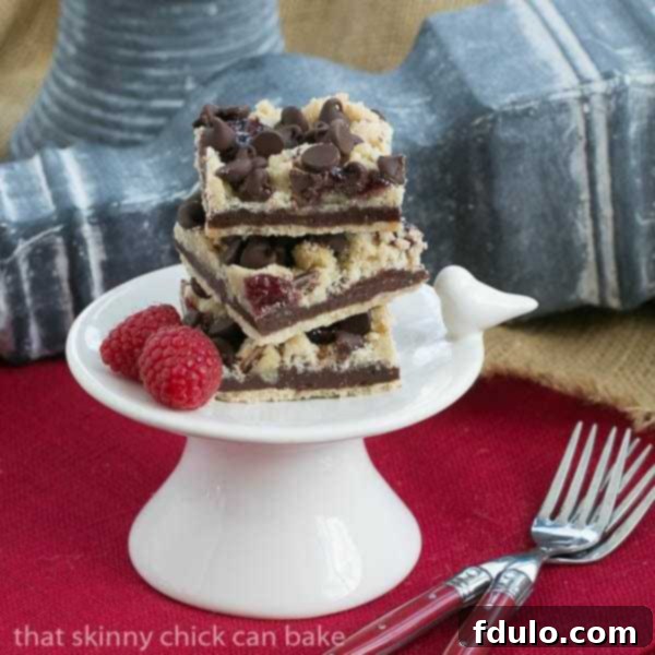 Chocolate Raspberry Crumb Bars arranged neatly on a small white pedestal, showcasing their beautiful layers and topping.