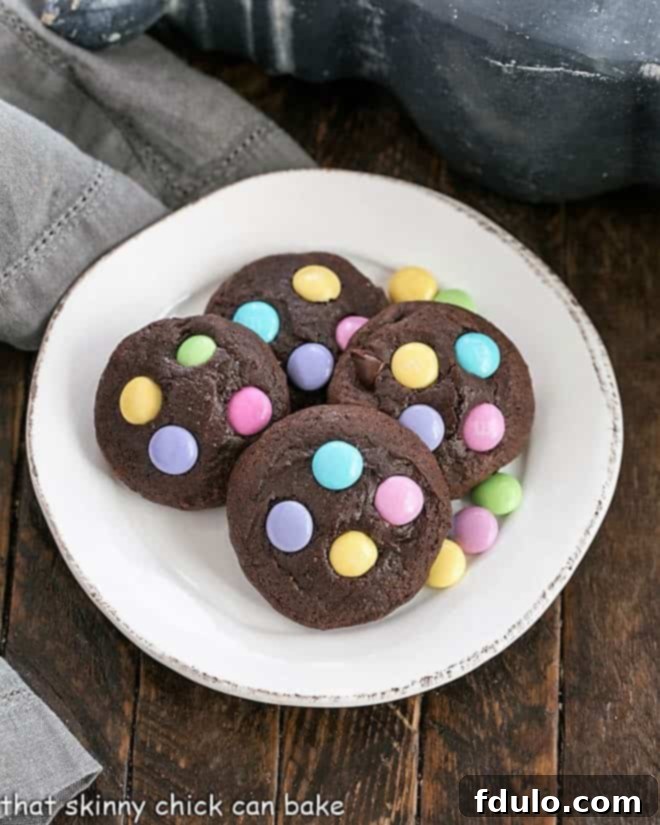 Springtime Fudgy Brownie Cookies 2 Overhead view of Chocolate Cookies with Easter M&Ms