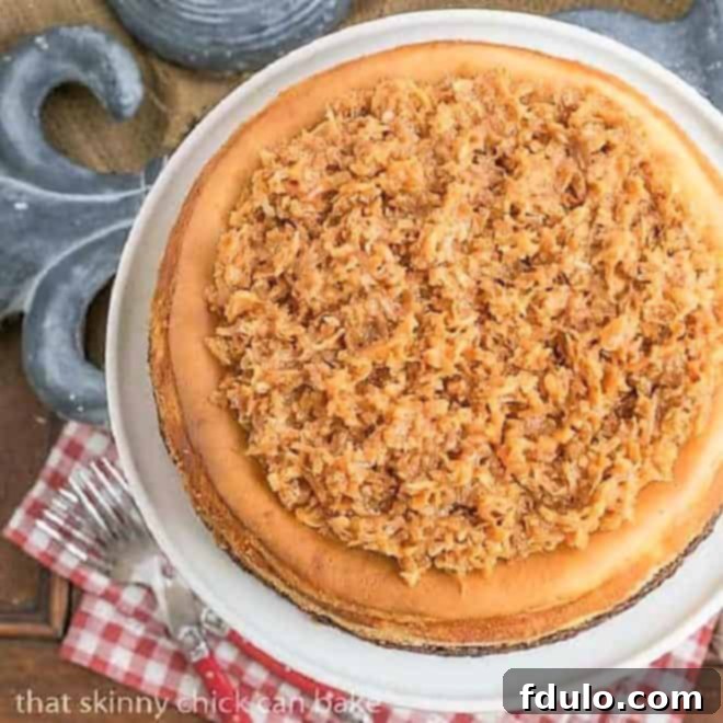 Samoa Cheesecake with a Coconut Caramel Topping on a white plate