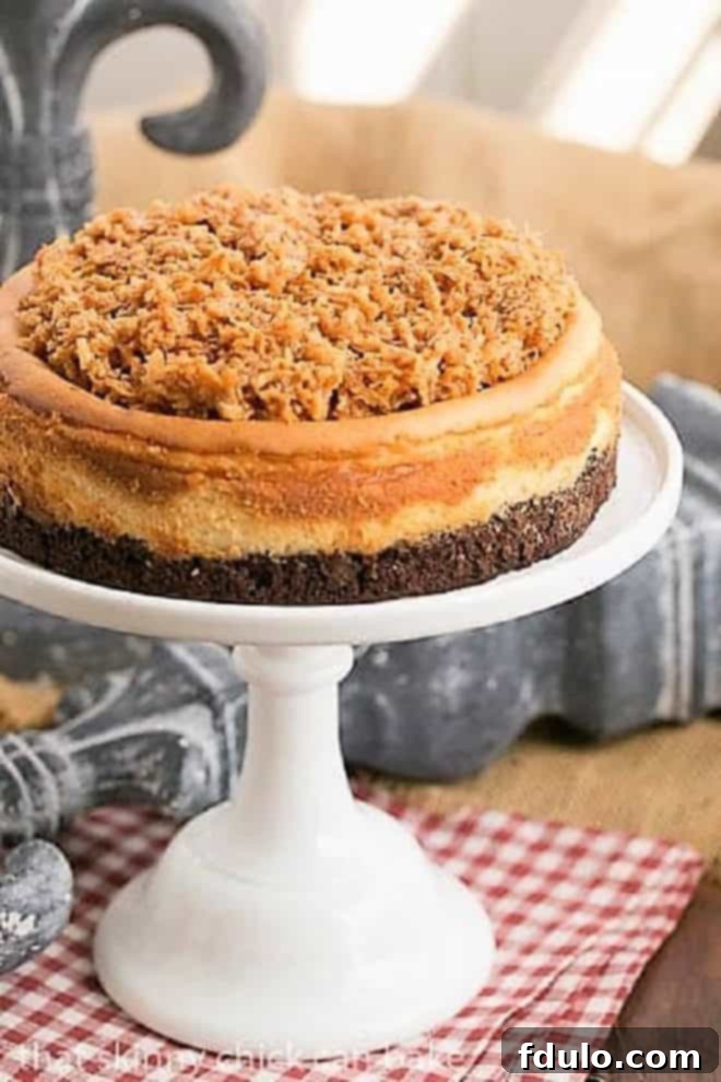 Samoa Cheesecake with a Coconut Caramel Topping on a white cake stand