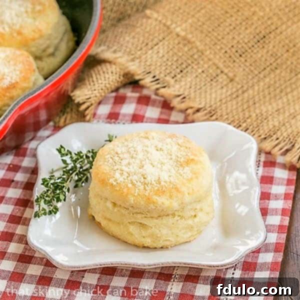Flaky Buttermilk Goat Cheese Biscuits - The perfect blend of tang and richness for a delightful homemade treat Tender Buttermilk Goat Cheese Biscuits on a square white plate, garnished with a sprig of fresh thyme, highlighting their golden-brown crust and soft texture.