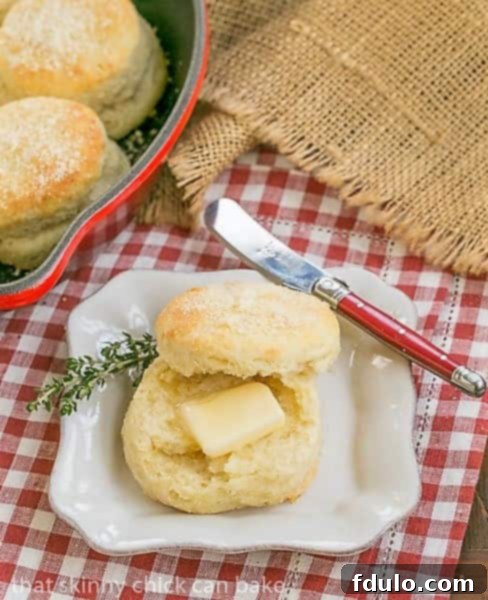 Tender Buttermilk Goat Cheese Biscuits with a hint of tang and incredible flakiness A perfectly baked Buttermilk Goat Cheese Biscuit, split open, revealing its moist, layered interior, resting on a white plate with a pat of melting butter and a red-handled knife.
