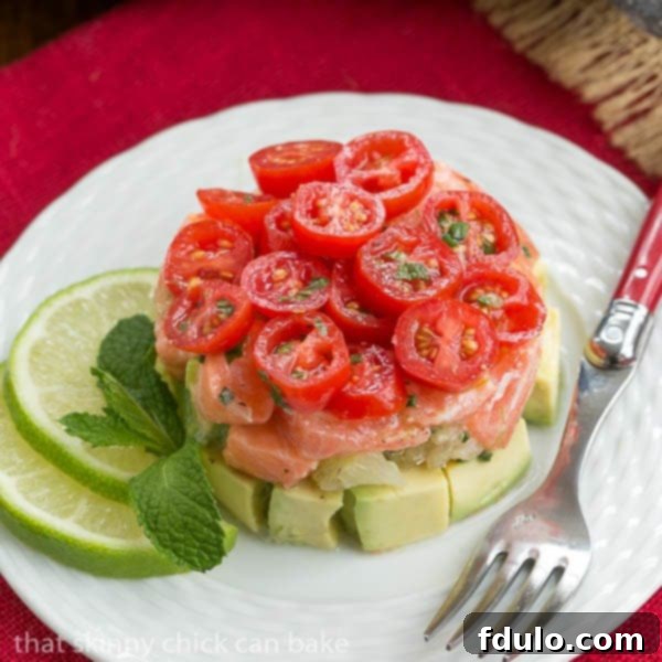 Easy Salmon Tartare on a white plate, showcasing its elegant presentation and fresh ingredients.