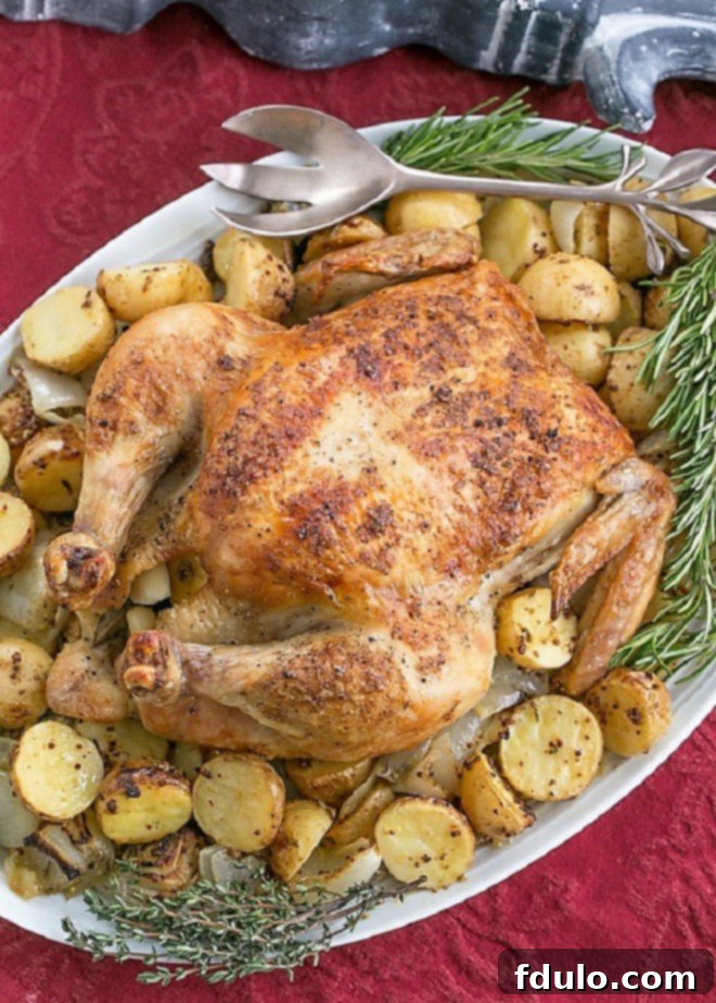 A beautifully roasted Classic Roast Chicken with Mustard Potatoes, presented on an elegant oval platter.