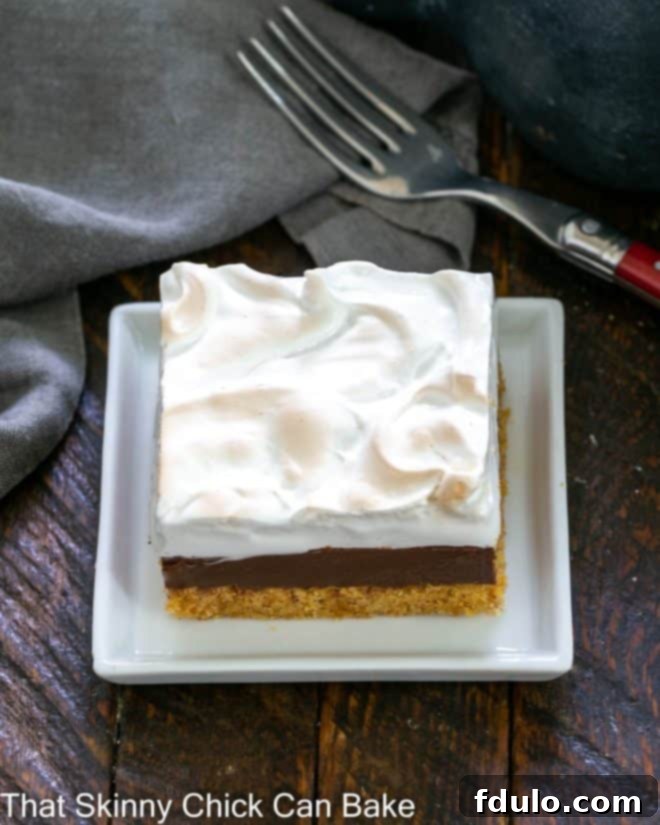 A S'mores Fudge Bar on a small white square ceramic plate, showcasing its three delicious layers.