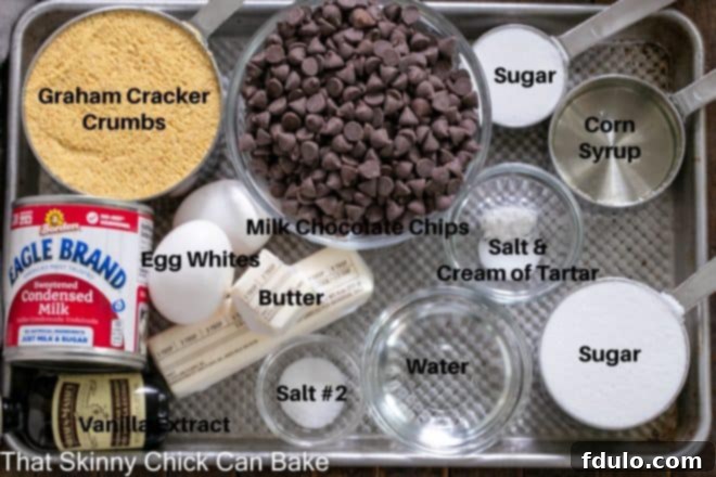 S'mores Fudge Bars ingredients on a sheet pan with labels, ready for baking.