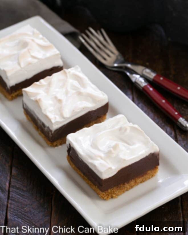 Three S'mores Fudge Bars arranged on a white ceramic tray with two forks, ready to be enjoyed.
