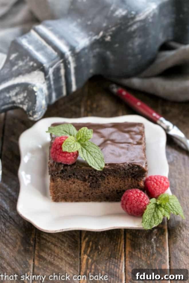 Coca Cola Cake on a white plate garnished with raspberries and mint.