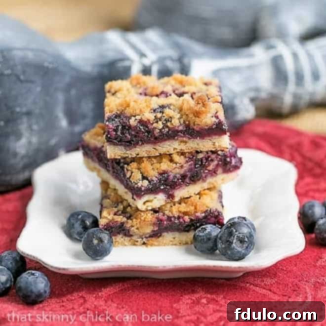 A beautifully presented blueberry streusel bar on a pristine white plate, accompanied by a garnish of fresh blueberries, highlighting the delectable layers of crumbly topping, juicy filling, and buttery crust.