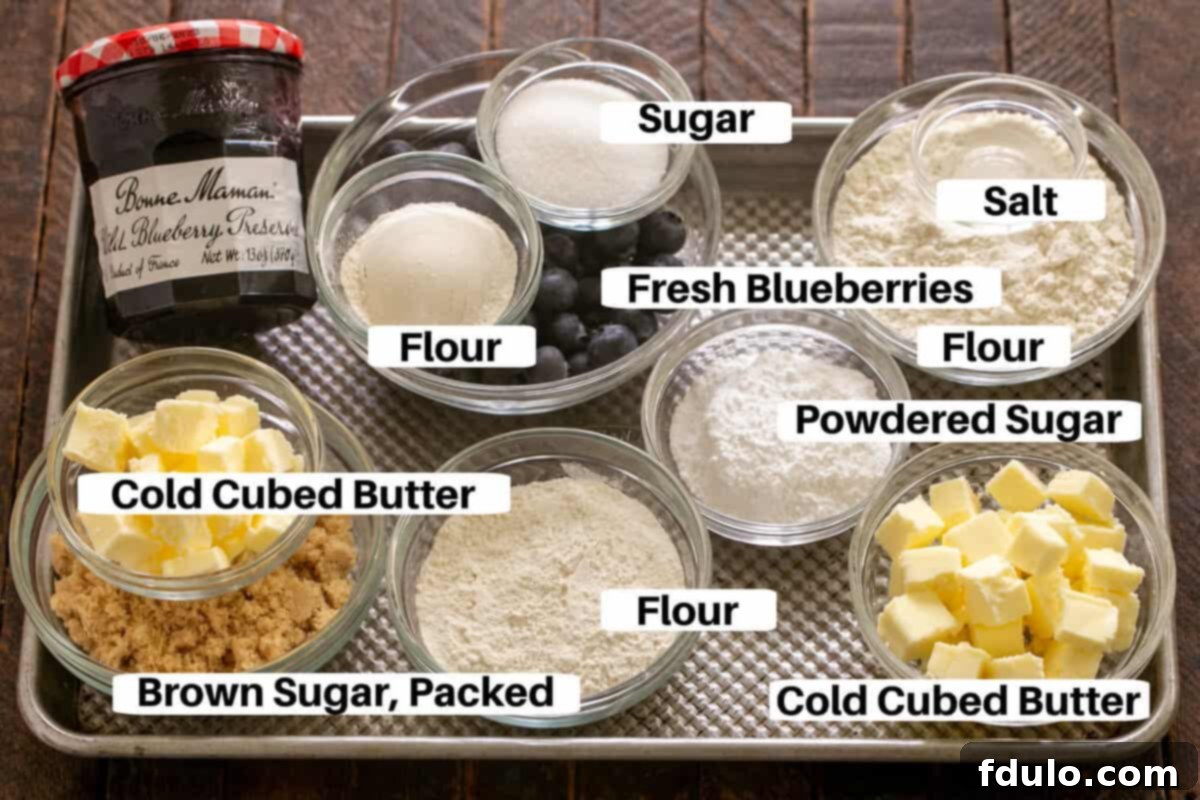All the essential ingredients for making delicious blueberry streusel bars, neatly arranged with clear labels on a metal sheet pan, showcasing fresh blueberries, butter, flour, sugar, and jam.