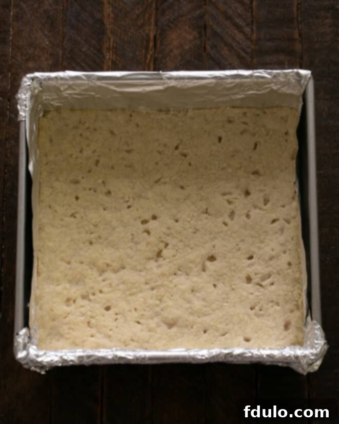 Step 3: The shortbread crust, golden and lightly baked, fresh out of the oven and resting in its pan, ready for the next layer of blueberry filling.