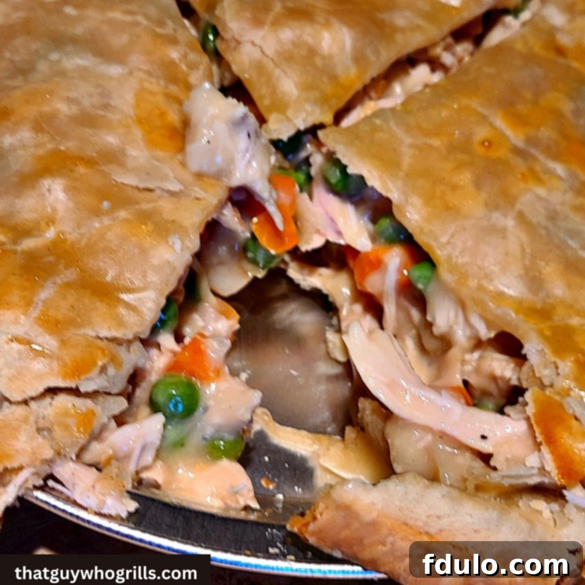 Smoked Turkey Pot Pie, a Leftover smoked turkey recipe served in a tin pie dish