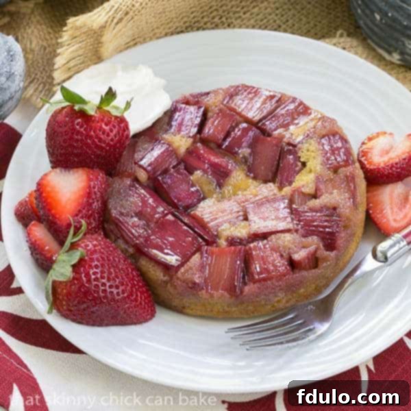 Rhubarb Upside Down Brown Sugar Cake - A seasonal French cake featuring glistening rhubarb topping a tender, moist cake