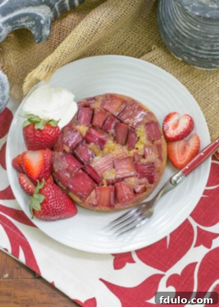 Rhubarb Upside Down Brown Sugar Cake - A seasonal French cake featuring a close-up of the rhubarb and tender cake