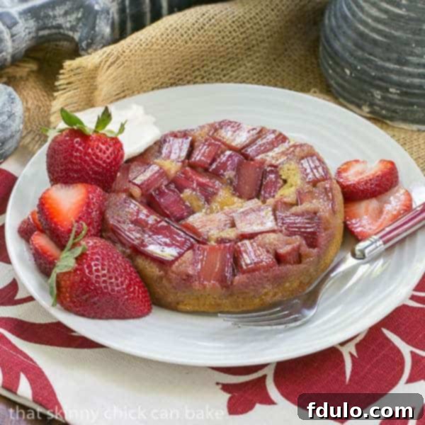 Rhubarb Upside Down Brown Sugar Cake - glistening rhubarb atop a tender cake