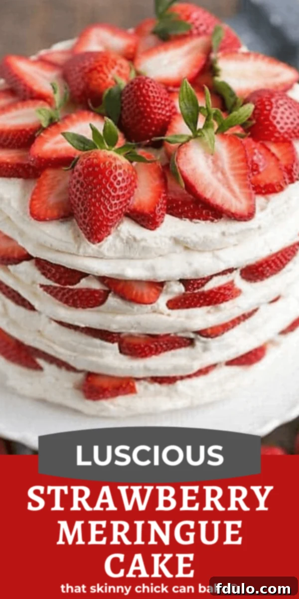 Strawberry Meringue Cake combines four crispy meringues, luscious strawberry slices and sweet, decadent mascarpone cream for the ultimate spring dessert!. #dessert #cake #strawberries #Easter #meringuecake #spring #eggwhites #thatskinnychickcanbake strawberry meringue cake photo and text collage