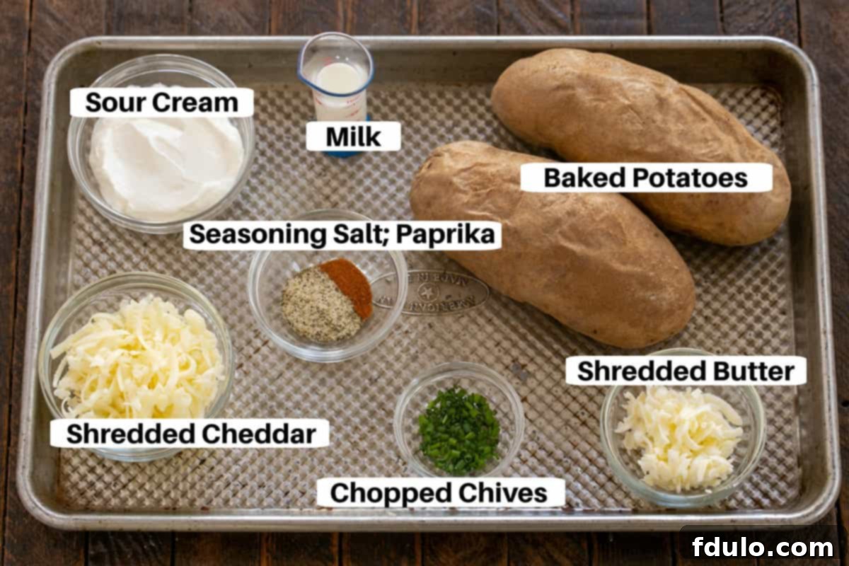 Twice Baked Potatoes ingredients with labels on a sheetpan.