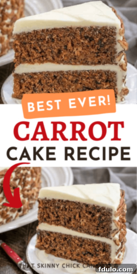 The Best Carrot Cake Recipe - loaded with coconut, crushed pineapple and pecans plus a dreamy cream cheese frosting! carrot cake collage with 2 photos and a text box featuring the recipe's highlights