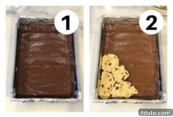 Process shot 1: Spreading brownie batter. Process shot 2: Flattening and patching cookie dough.