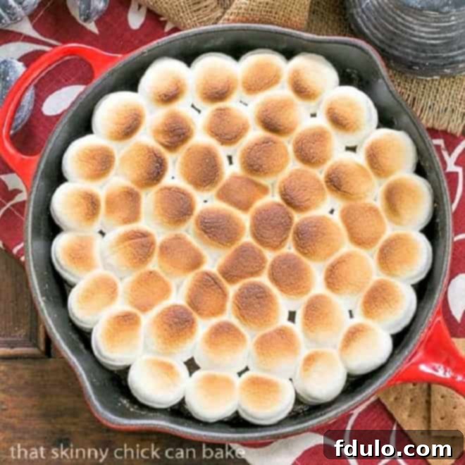 Overhead view of a delicious Skillet S'mores Dip in a vibrant red cast iron skillet, ready to be enjoyed.