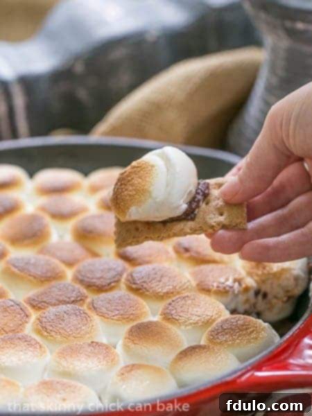 Skillet S'mores Dip - Chocolate ganache topped with roasted marshmallow with graham cracker dippers