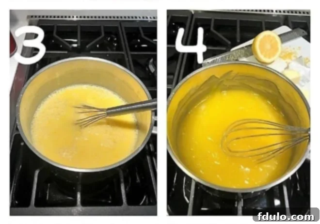 Lemon meringue pie process shots 3 and 4, showing adding wet ingredients to dry and cooking the lemon filling until thickened.
