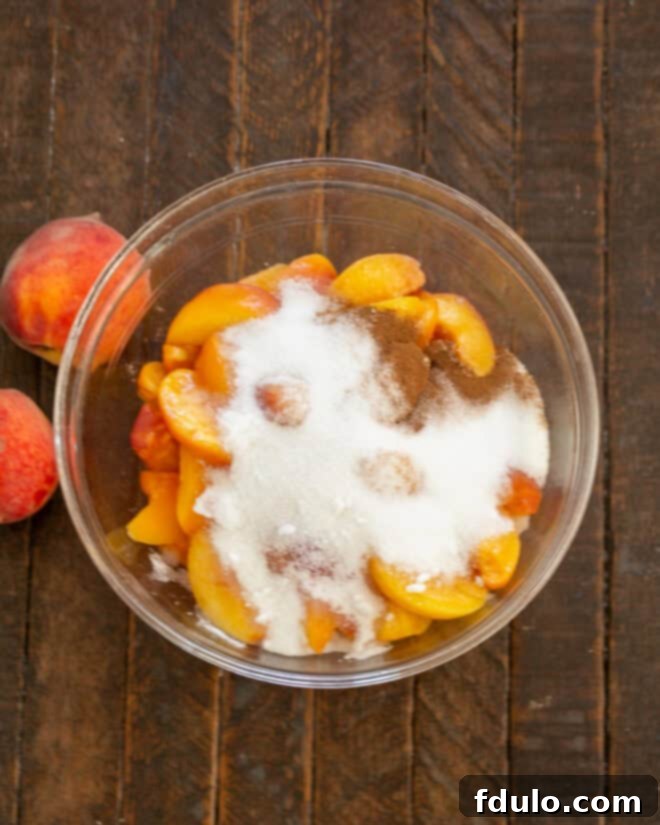 Sliced peaches being mixed with sugar and spices in a bowl.