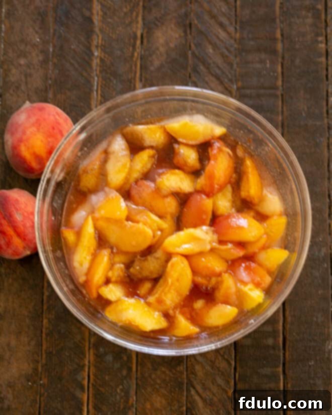Close-up of peaches and spices thoroughly mixed in a bowl.