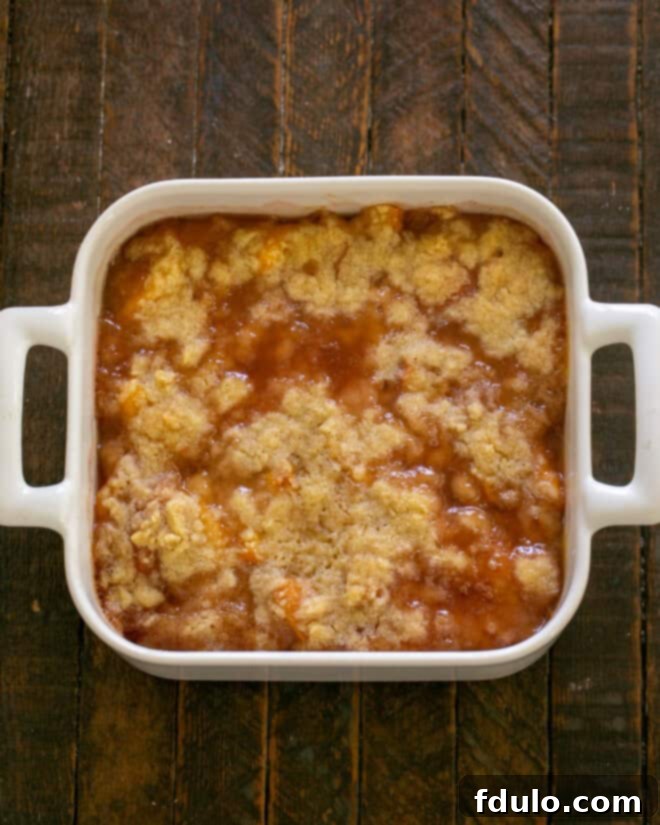 A baked peach crisp, golden and bubbling.