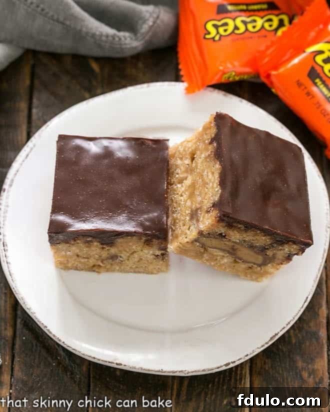 Two Stuffed Peanut Butter Rice Krispie Treats on a round white plate