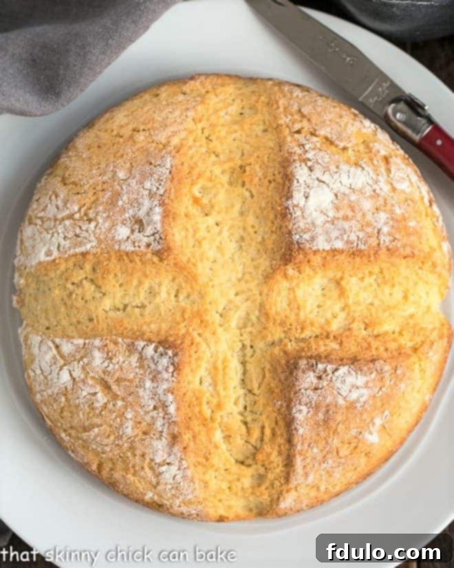 Irish Soda Bread - a simple quick bread that's slightly sweet, tender and delicious! A perfectly baked loaf of Irish Soda Bread rests on a white plate, showcasing its golden-brown crust and inviting texture.