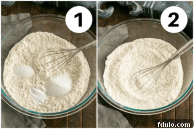 Rustic Irish Soda Bread 3 Process shots for Irish Soda Bread: Image 1 shows dry ingredients in a bowl with a whisk; Image 2 shows the whisked dry ingredients combined.