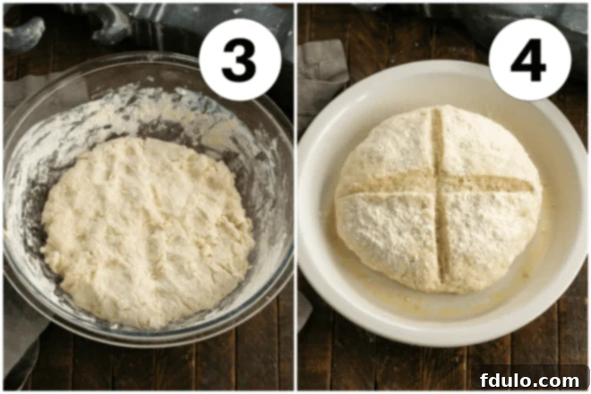 Rustic Irish Soda Bread 4 Process shots for Irish Soda Bread: Image 3 shows buttermilk being added to the dry ingredients; Image 4 shows the shaped dough with a cross cut, ready for baking.