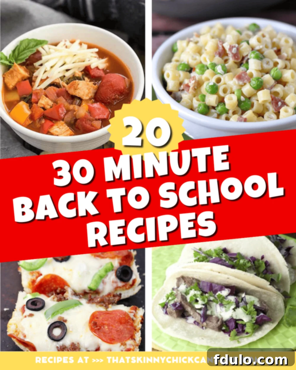 A vibrant collage showcasing various quick and easy 30-minute back to school dinner recipes, including pasta, chicken, stir-fries, and Tex-Mex dishes, perfect for busy families.