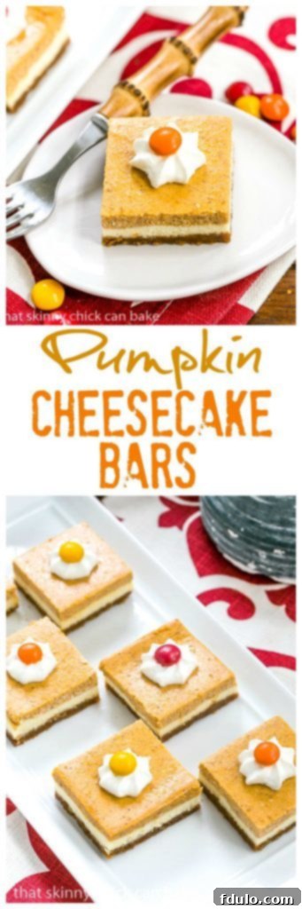 A top-down view of a single Pumpkin Cheesecake Bar on a white plate with a fork, showing its creamy texture and crust