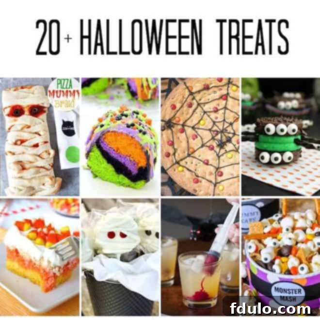 A vibrant photo collage showcasing eight different Halloween treats, including cupcakes, decorated cakes, and savory dishes, all creatively presented for the holiday.