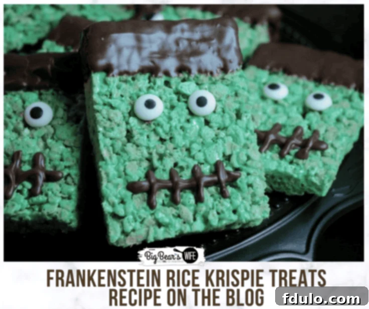 Frankenstein Rice Krispie Treats decorated to look like the iconic monster, a simple and kid-friendly Halloween dessert.