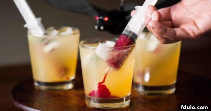 A chilling Halloween Vampire Cocktail with a 'blood' syringe, making it a perfect spooky drink for adults.
