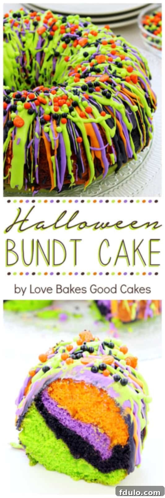 A visually stunning Halloween Bundt Cake with swirls of purple, black, lime green, and orange frosting, creating a ghoulish effect.
