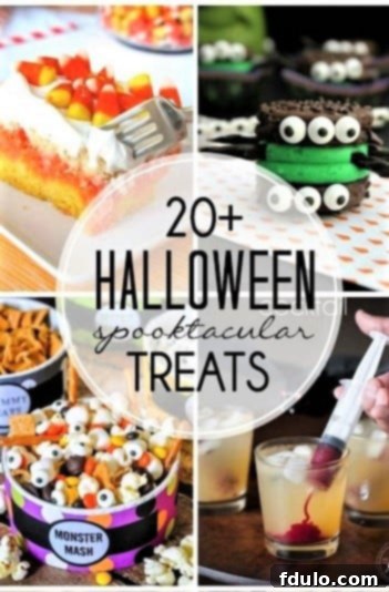 A vertical photo and text collage showcasing various Halloween treats, emphasizing fun and spookiness for all ages and occasions.