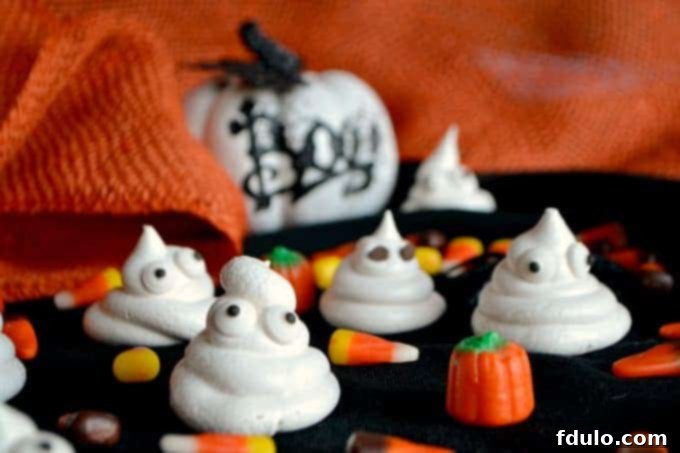 Delicate ghost-shaped meringues with charming spooky faces, a melt-in-your-mouth Halloween dessert.