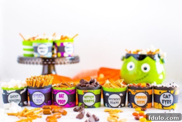 A delicious Monster Mash Halloween Trail Mix, packed with colorful candies and snacks, perfect for an afterschool treat.