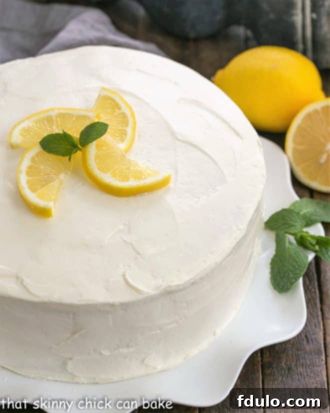 Overhead view of frosted lemon layer cake